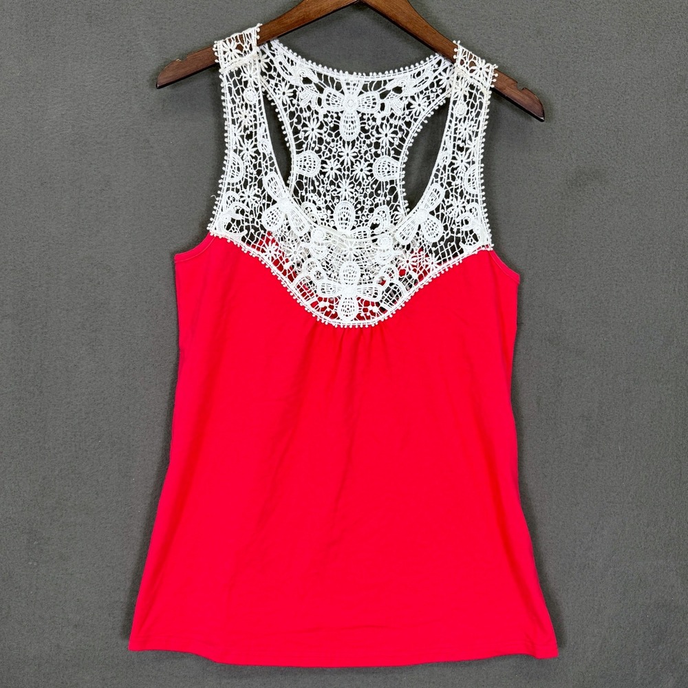 Cowgirl Up Tank Top Women M Red White Crochet Lace Racerback Cotton Stretch